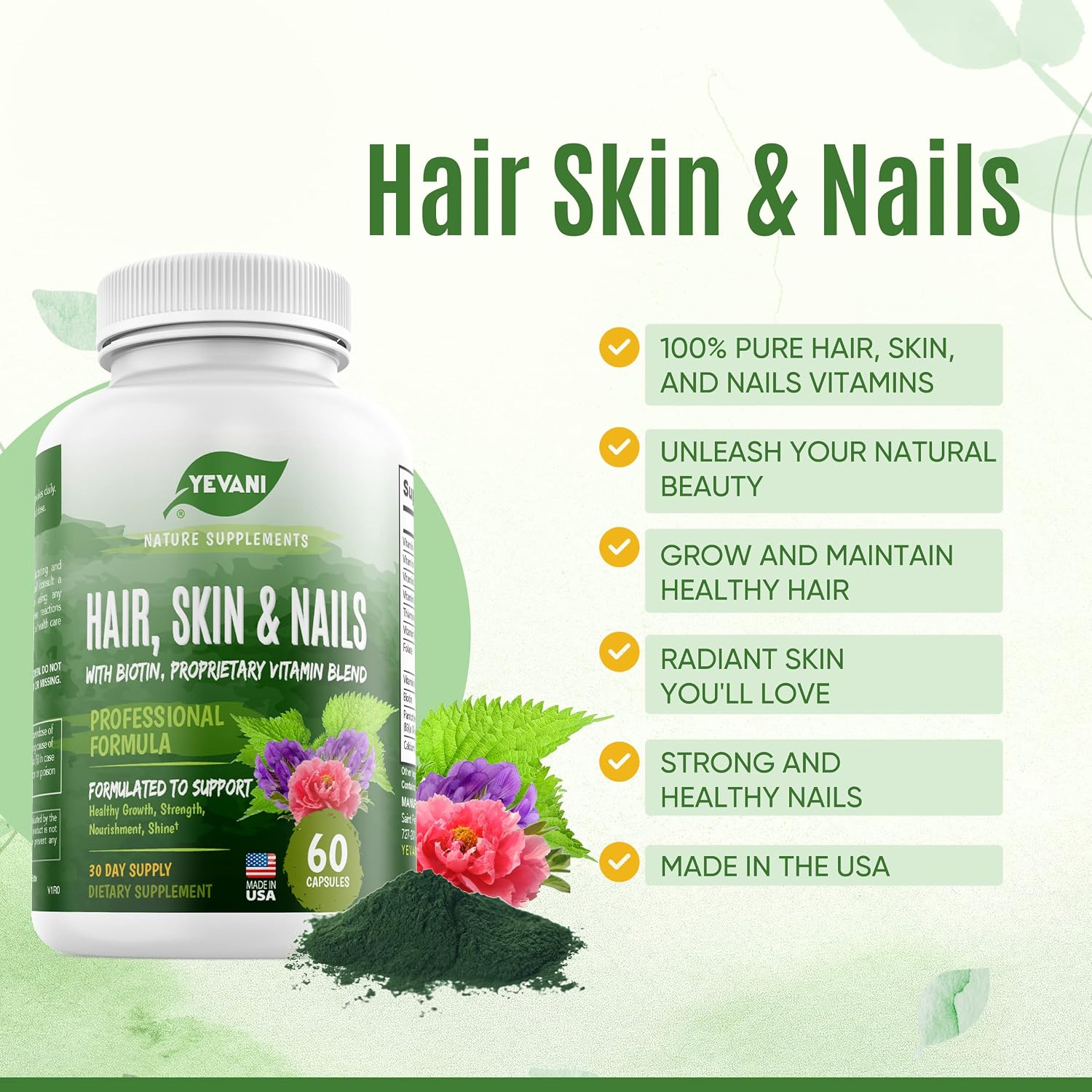 YEVANI 100% Pure Hair, Skin and Nails Vitamins with Biotin Super Blend Formula - görsel 2
