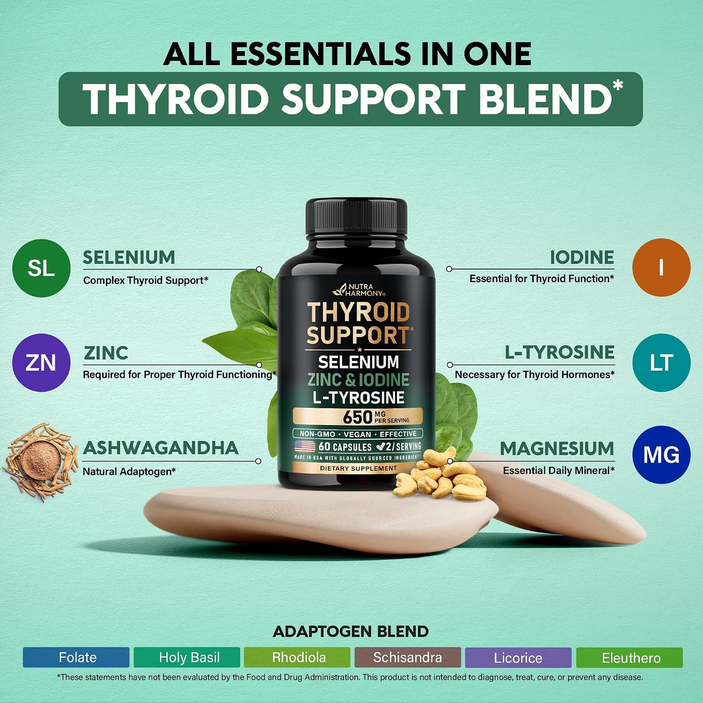 Thyroid Support for Women - Selenium 200 mcg | Astragalus | Zinc & Iodine | L-Tyrosine | Adaptogen Herbs - 21-in-1 Antioxidant & Immune Support - Vegan, Non-GMO - Lab Tested - 60 Capsules - görsel 5