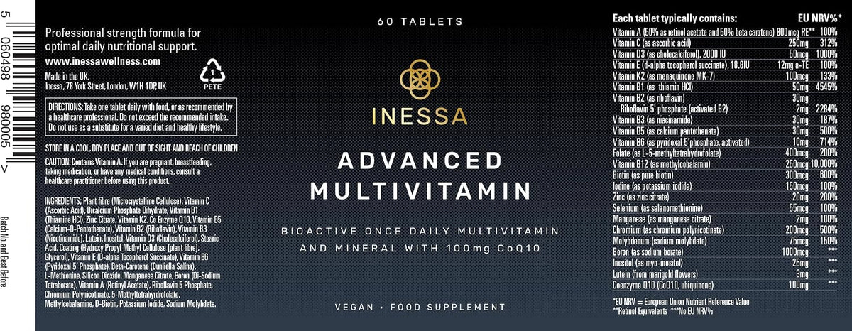 Inessa Methylated Multivitamin for Men and Women - Premium Natural Daily Multivitamins with CoQ10 100mg, Vitamins D3, K2, A, B Complex Vitamins, Folic Acid & Zinc - 60 Vegan Tablets - görsel 5