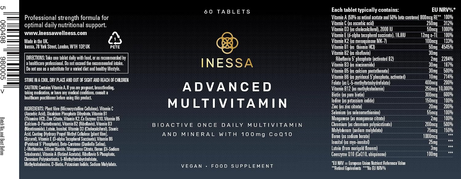 Inessa Methylated Multivitamin for Men and Women - Premium Natural Daily Multivitamins with CoQ10 100mg, Vitamins D3, K2, A, B Complex Vitamins, Folic Acid & Zinc - 60 Vegan Tablets - görsel 5