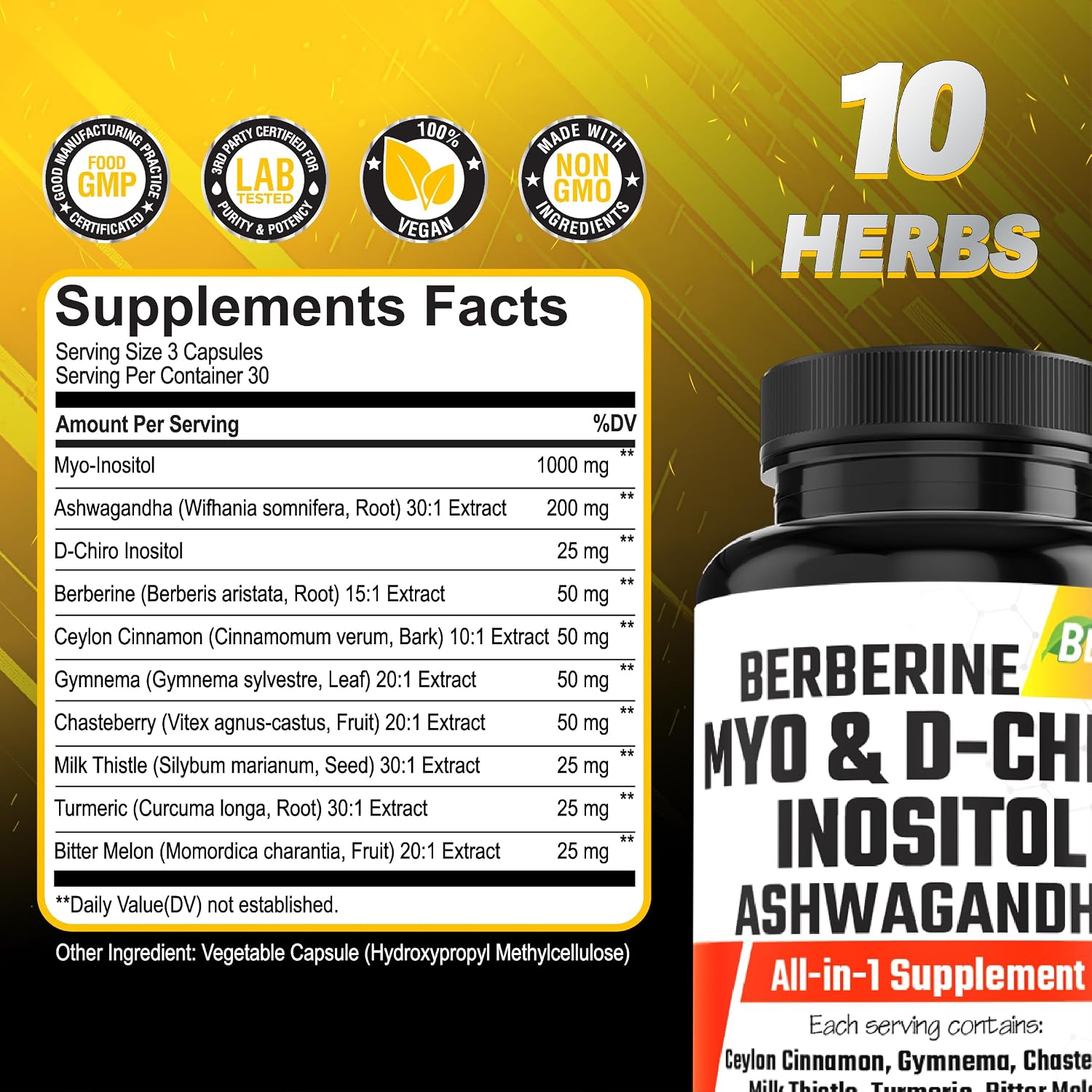 Myo-Inositol & D-Chiro Inositol Capsules with Ashwagandha, Berberine, Cinnamon, Gymnema, Chasteberry, Milk Thistle, Turmeric, Bitter Melon – 90 Capsules - görsel 3