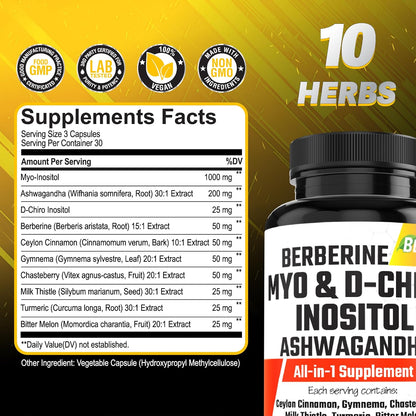 Myo-Inositol & D-Chiro Inositol Capsules with Ashwagandha, Berberine, Cinnamon, Gymnema, Chasteberry, Milk Thistle, Turmeric, Bitter Melon – 90 Capsules