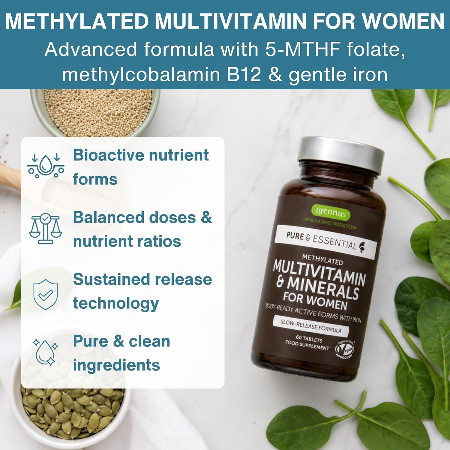 Igennus High Potency Methylated Multivitamin for Women with Gentle Iron – 60 Vegan Tablets - görsel 2