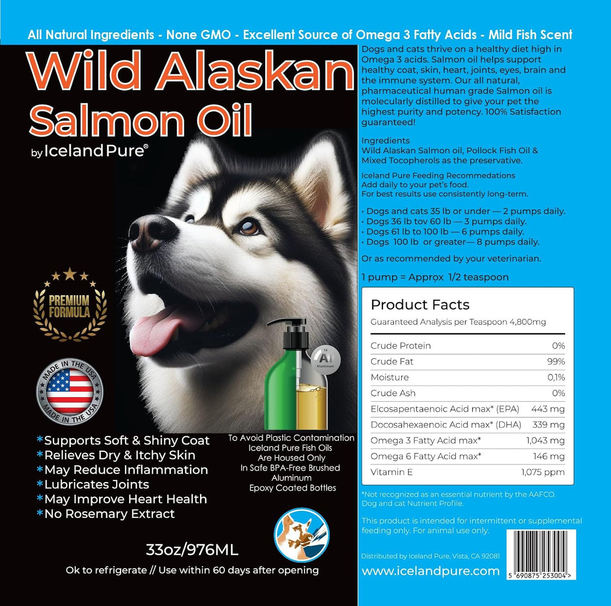 Wild Alaskan Salmon Oil for Dogs and Cats - 1,043 mg Omega-3 per Teaspoon, Salmon Oil & Pollock Blend, BPA-Free Brushed Aluminium Bottle with Pump, 33 fl oz (976 ml) - görsel 8