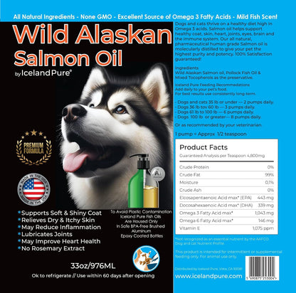 Wild Alaskan Salmon Oil for Dogs and Cats - 1,043 mg Omega-3 per Teaspoon, Salmon Oil & Pollock Blend, BPA-Free Brushed Aluminium Bottle with Pump, 33 fl oz (976 ml)