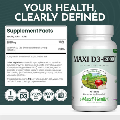 Maxi Health Vitamin D3 2000 IU Tablets – Kosher, Easy to Swallow, 90 Tablets