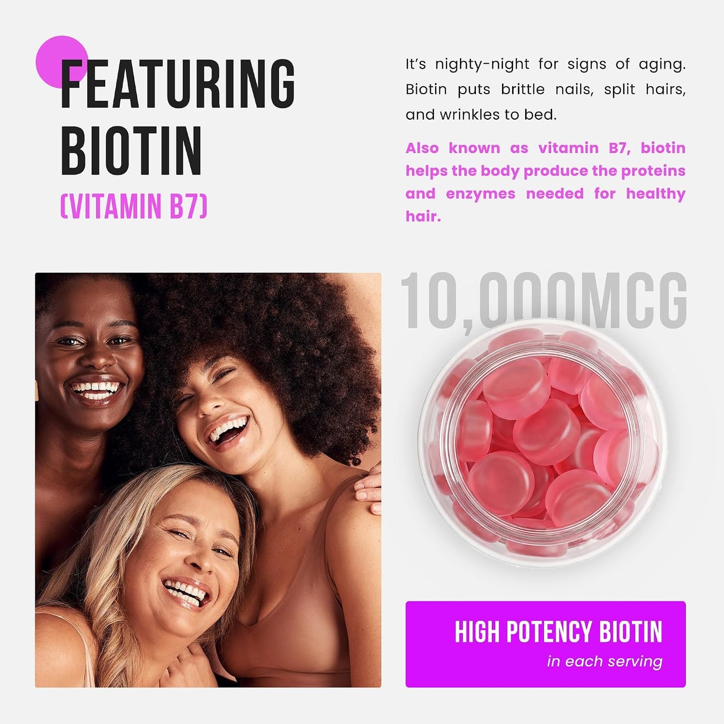NutraChamps Sugar Free Biotin Gummies 10000mcg – High Potency for Hair, Skin & Nails, Vegan, Non-GM, Raspberry Flavour - görsel 2