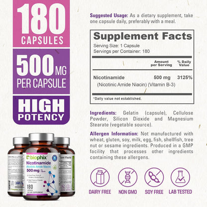 biophix B-3 Nicotinamide 500 mg, 180 Capsules – Flush-Free Vitamin B3 Supplement