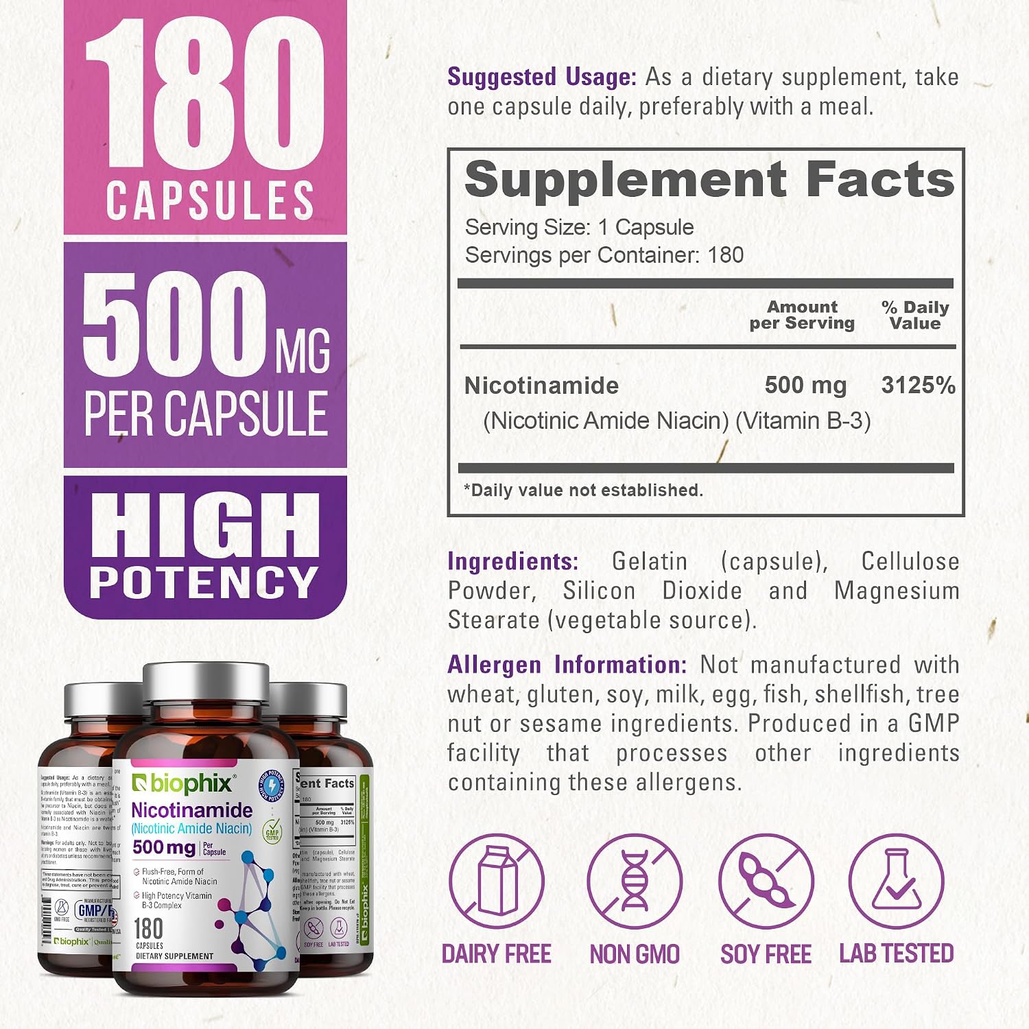 Biophix B-3 Nicotinamide 500 mg – 180 Capsules – Flush-Free Niacin Supplement - görsel 4