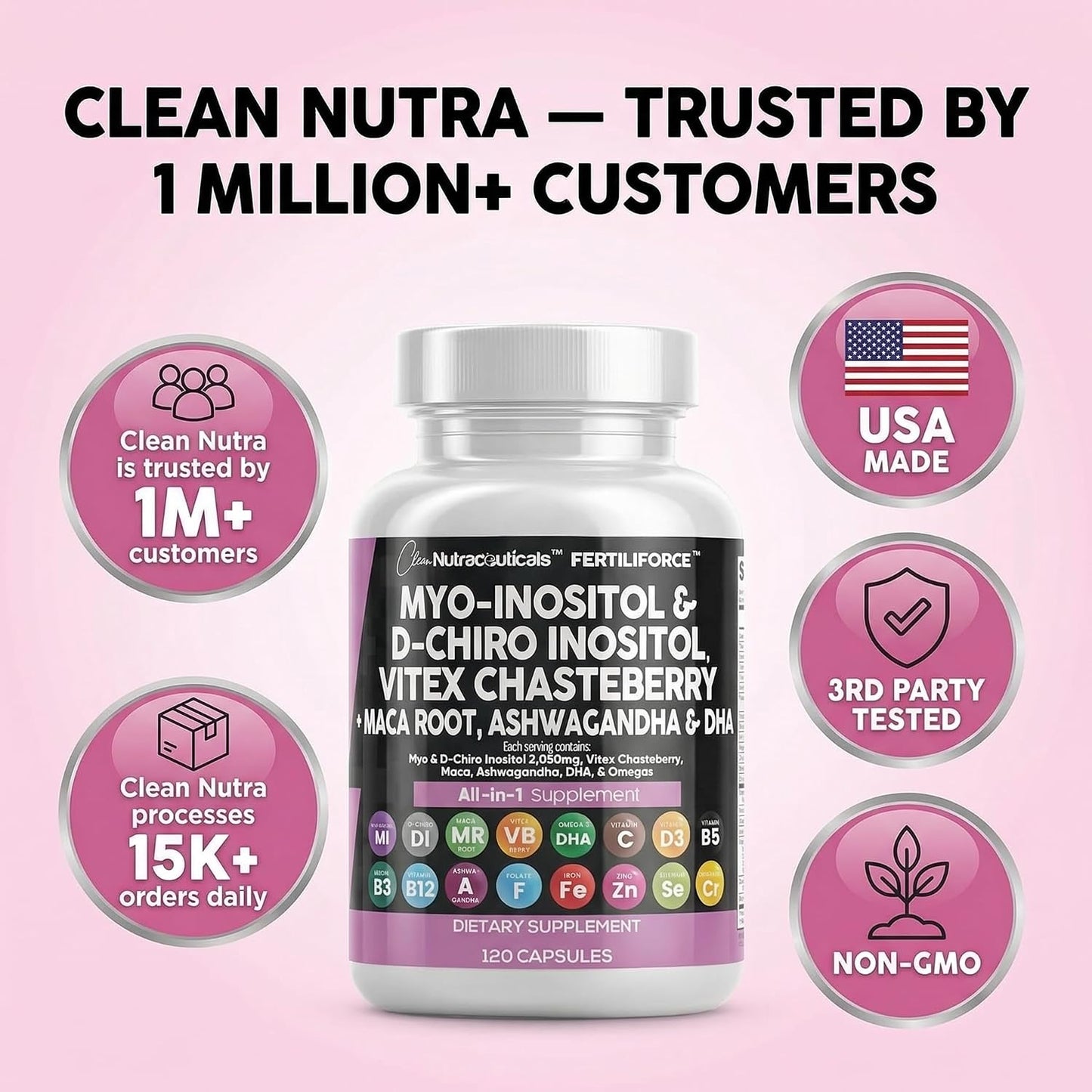 Clean Nutraceuticals Myo-Inositol & D-Chiro Inositol 2050mg Fertility Supplement 40:1 Ratio - Antenatal Vitamins for Women with Ashwagandha Maca Root Vitex Chasteberry Iron DHA Folic Acid DIM Zinc (1) - görsel 8