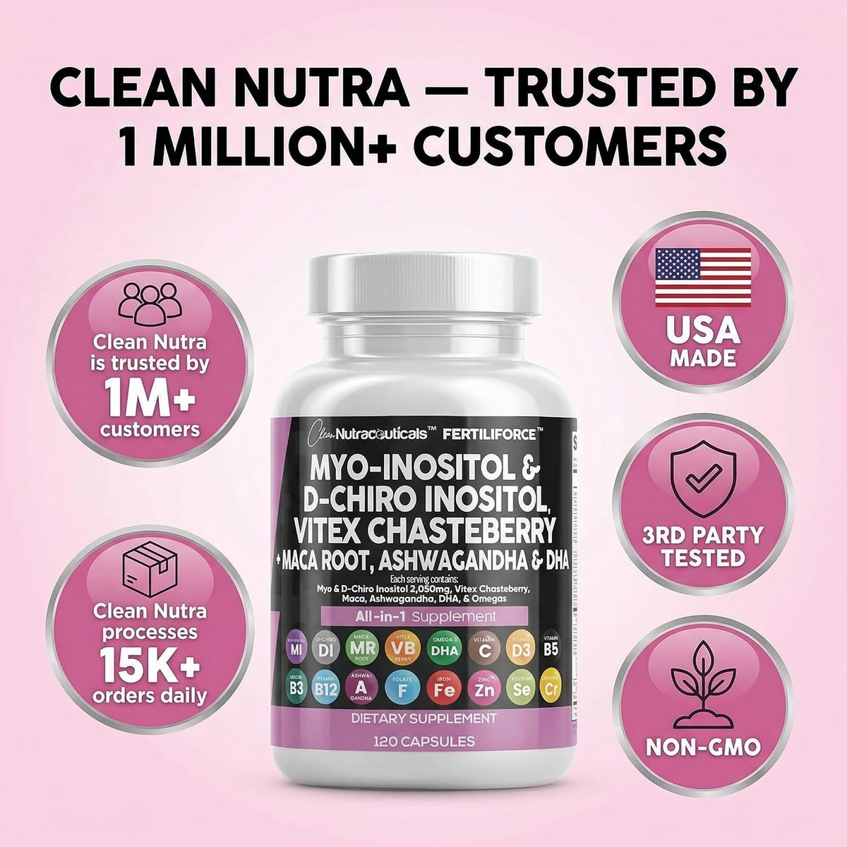 Clean Nutraceuticals Myo-Inositol & D-Chiro Inositol 2050mg Fertility Supplement 40:1 Ratio - Antenatal Vitamins for Women with Ashwagandha Maca Root Vitex Chasteberry Iron DHA Folic Acid DIM Zinc (1) - görsel 8