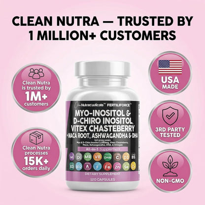 Clean Nutraceuticals Myo-Inositol & D-Chiro Inositol 2050mg Fertility Supplement 40:1 Ratio - Antenatal Vitamins for Women with Ashwagandha Maca Root Vitex Chasteberry Iron DHA Folic Acid DIM Zinc (1)