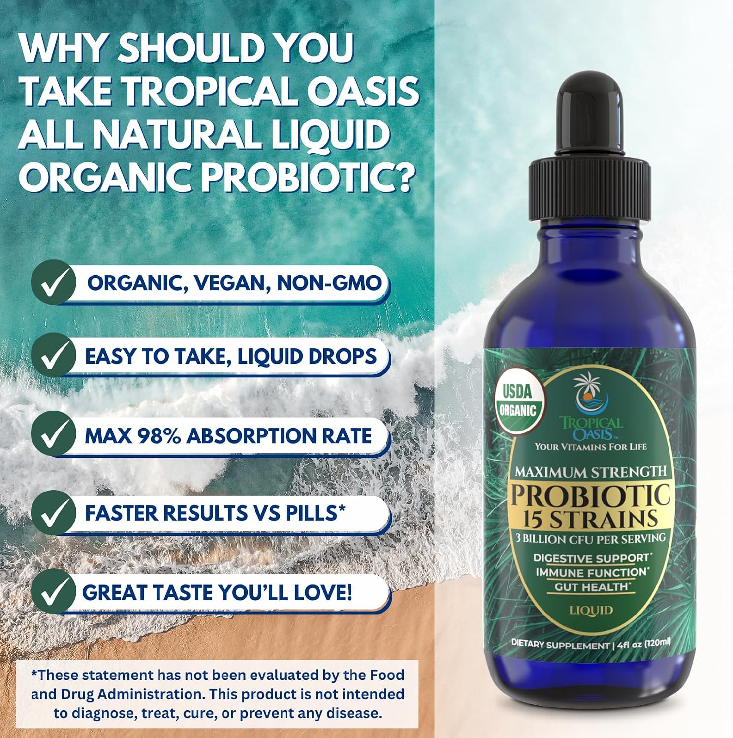 Tropical Oasis USDA Organic Liquid Probiotics – 15 Strains, 3 Billion CFU, 40 Servings - görsel 4