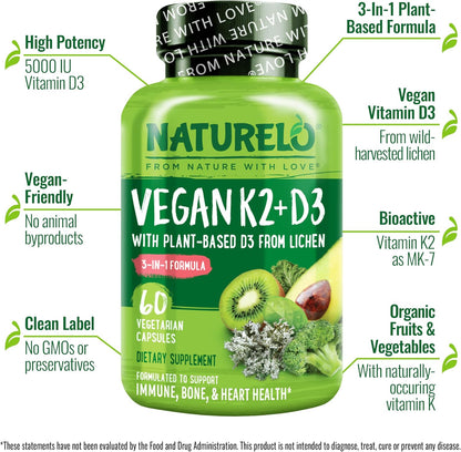 NATURELO Vitamin D3 & K2 - Vegan with Plant-Based D3 from Lichen - Food Supplement for Immune Support, Bone Health, and Heart Health* - Non-GM - Gluten-free - 60 Capsules