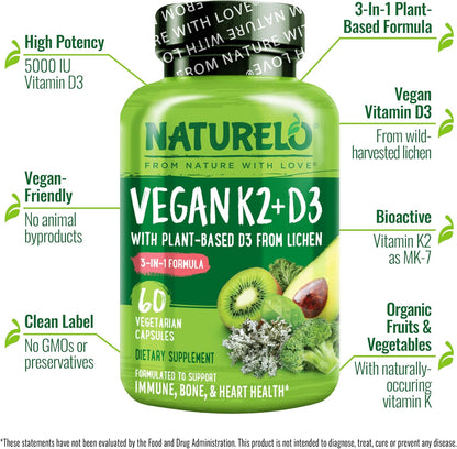 NATURELO Vitamin D3 K2 - Vegan D3 from Lichen with K2 MK-7, 120 Capsules (2-Pack)