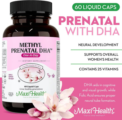 Maxi Health - Methyl Prenatal DHA Prenatal Vitamins for Women - Clinician Formulated, Kosher, Gluten-free Prenatal Multivitamin with 25 Nutrients Including DHA, Folic Acid & More, 60 Liquid Capsules