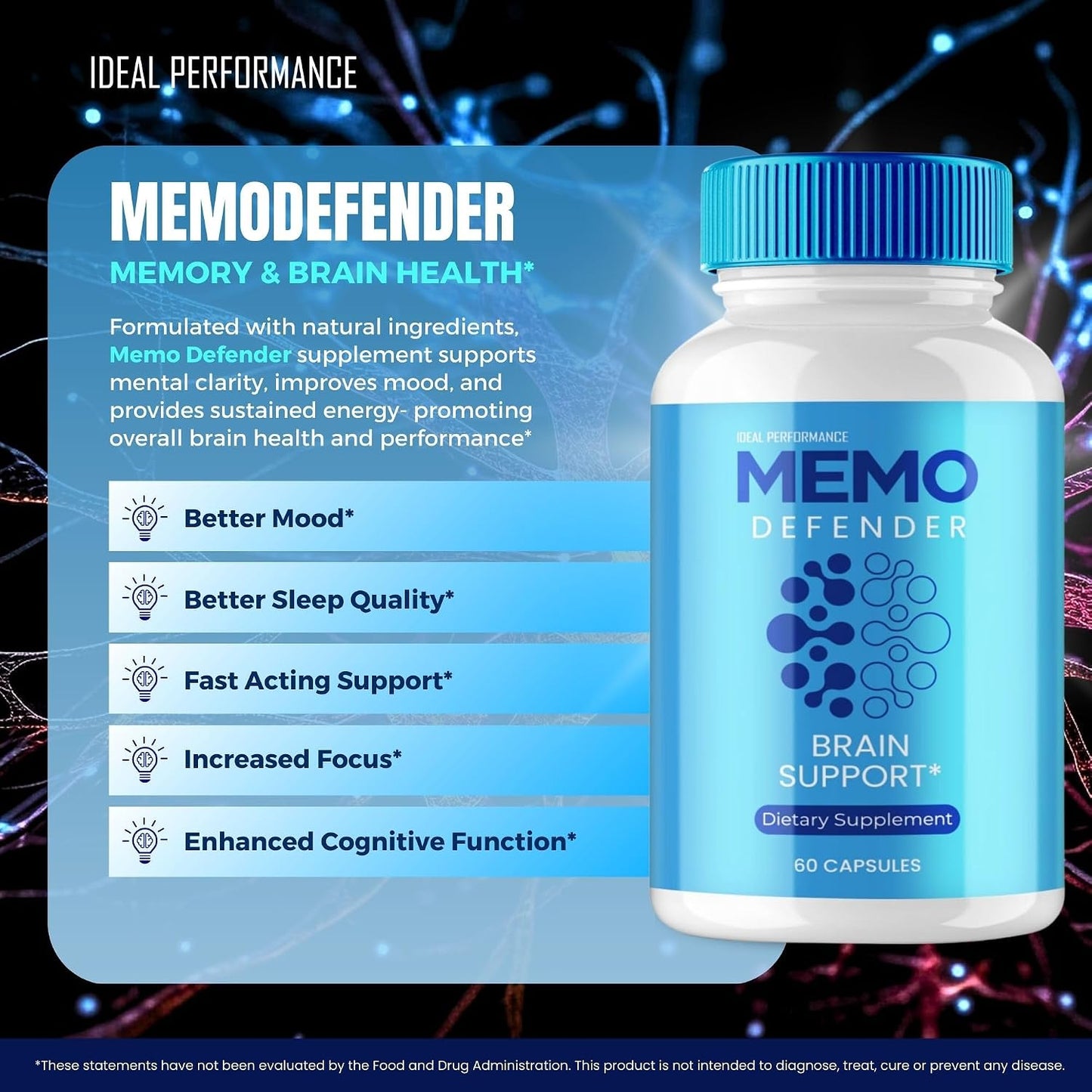 Memo Defender Brain and Memory Support Capsules, Memo Defender Memory Supplement, Advanced Formula Nootropic Capsules for Cognitive Health, MemoDefender Health Blend (60 Capsules) - görsel 4