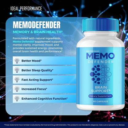 Memo Defender Brain and Memory Support Capsules, Memo Defender Memory Supplement, Advanced Formula Nootropic Capsules for Cognitive Health, MemoDefender Health Blend (60 Capsules)