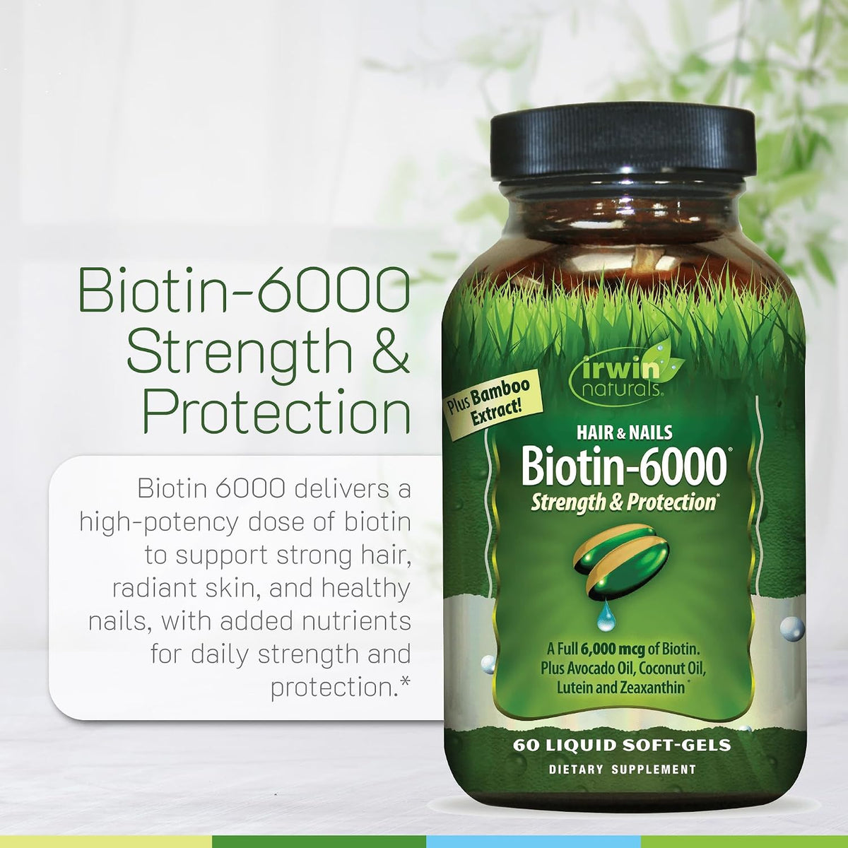 Irwin Naturals Biotin-6000 - Supports Strength & Protection for Hair & Nails with Avocado Oil, Coconut Oil, Lutein & Zeaxanthin - 60 Liquid Softgels - görsel 5