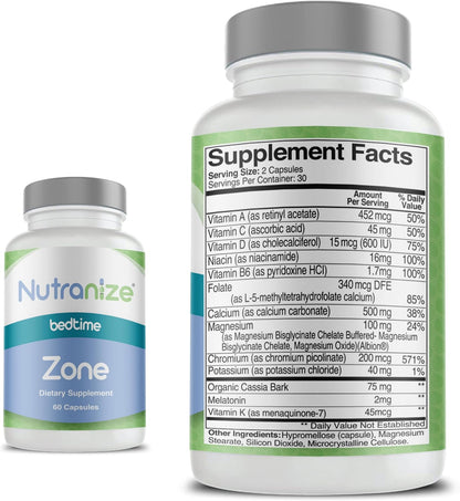 Nutranize Zone Twin-Pack Supplement System - Pharmacist-Designed Morning & Bedtime Capsules with Magnesium Glycinate, Vitamin D3, K2 MK7, Methylfolate, Chromium, Melatonin - 30 Day Supply (120 Capsules)