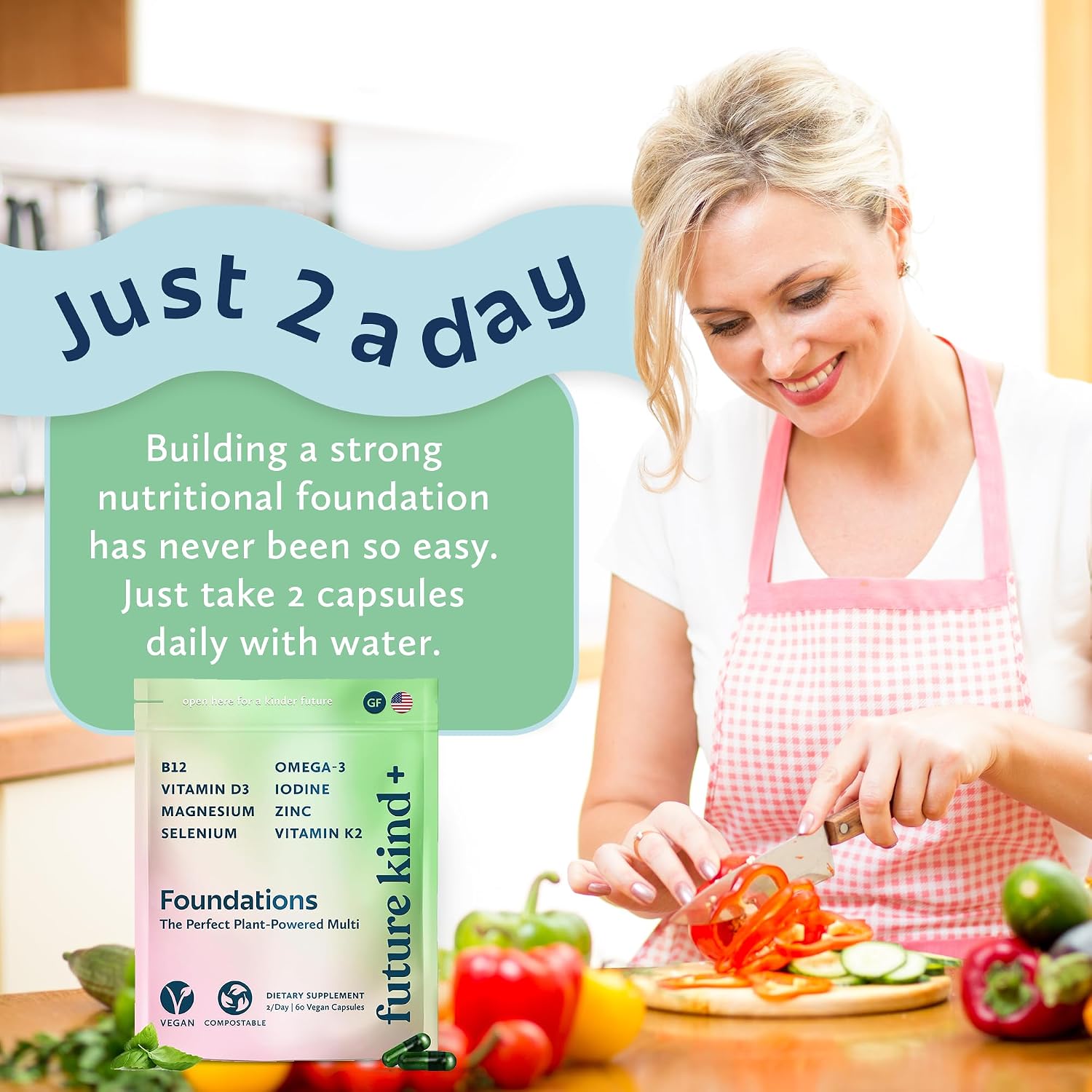 Future Kind Carrageenan-Free Foundations Multivitamin for Women and Men with Omega-3, B12, D3, Zinc, Iodine, Magnesium, K2 and Selenium, Vegan, Compostable Pouch (60 Capsules) - görsel 8