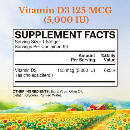 Vitalitown Vitamin D3 125 mcg (5000 IU) - High Potency with Olive Oil, 90 Soft gel capsules
