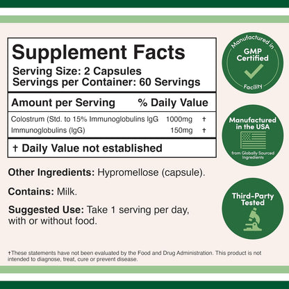 Double Wood Bovine Colostrum Supplement – 1,000 mg per Serving, 15% IgG, 120 Capsules