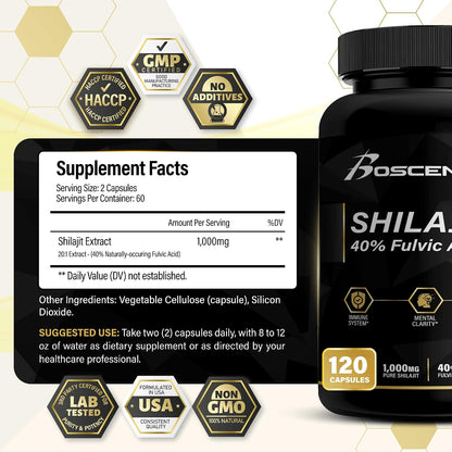 BOSCENT Shilajit Capsules 20,000mg – Pure Himalayan Shilajit with Fulvic Acid & 85+ Trace Minerals – 120 Vegan Capsules