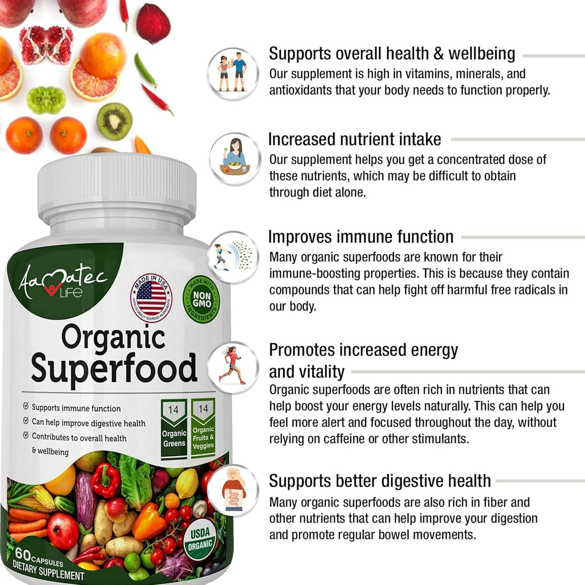Organic Superfood Greens Fruits and Veggies Complex - 14 Greens & 14 Vegetables with Alfalfa - Non-GMO (120 Count, Pack of 2) - görsel 3