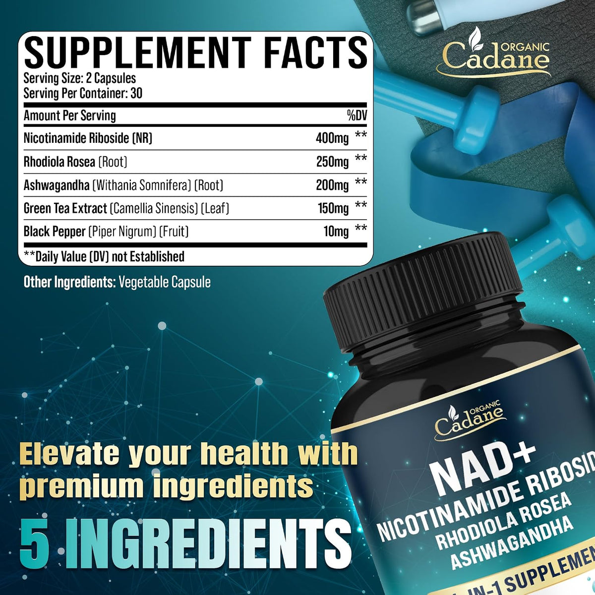 Organic Cadane Nicotinamide Riboside Food Supplement with Rhodiola Rosea, Ashwagandha & Green Tea – 60 Capsules - görsel 2