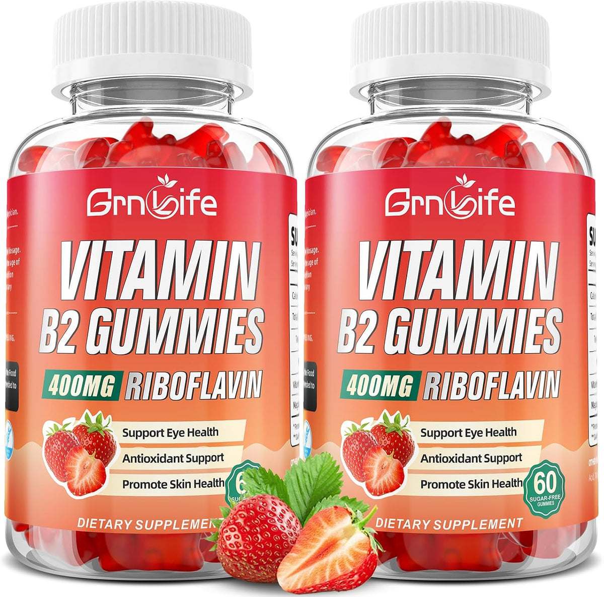 GrnLife Vitamin B2 Gummies – 400mg Riboflavin with Magnesium, Strawberry Flavour, 120 Count (2 Pack) – Image 1