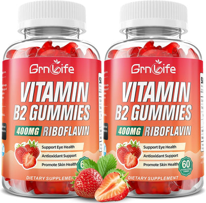 GrnLife Vitamin B2 Gummies – 400mg Riboflavin with Magnesium, Strawberry Flavour, 120 Count (2 Pack) – Image 1
