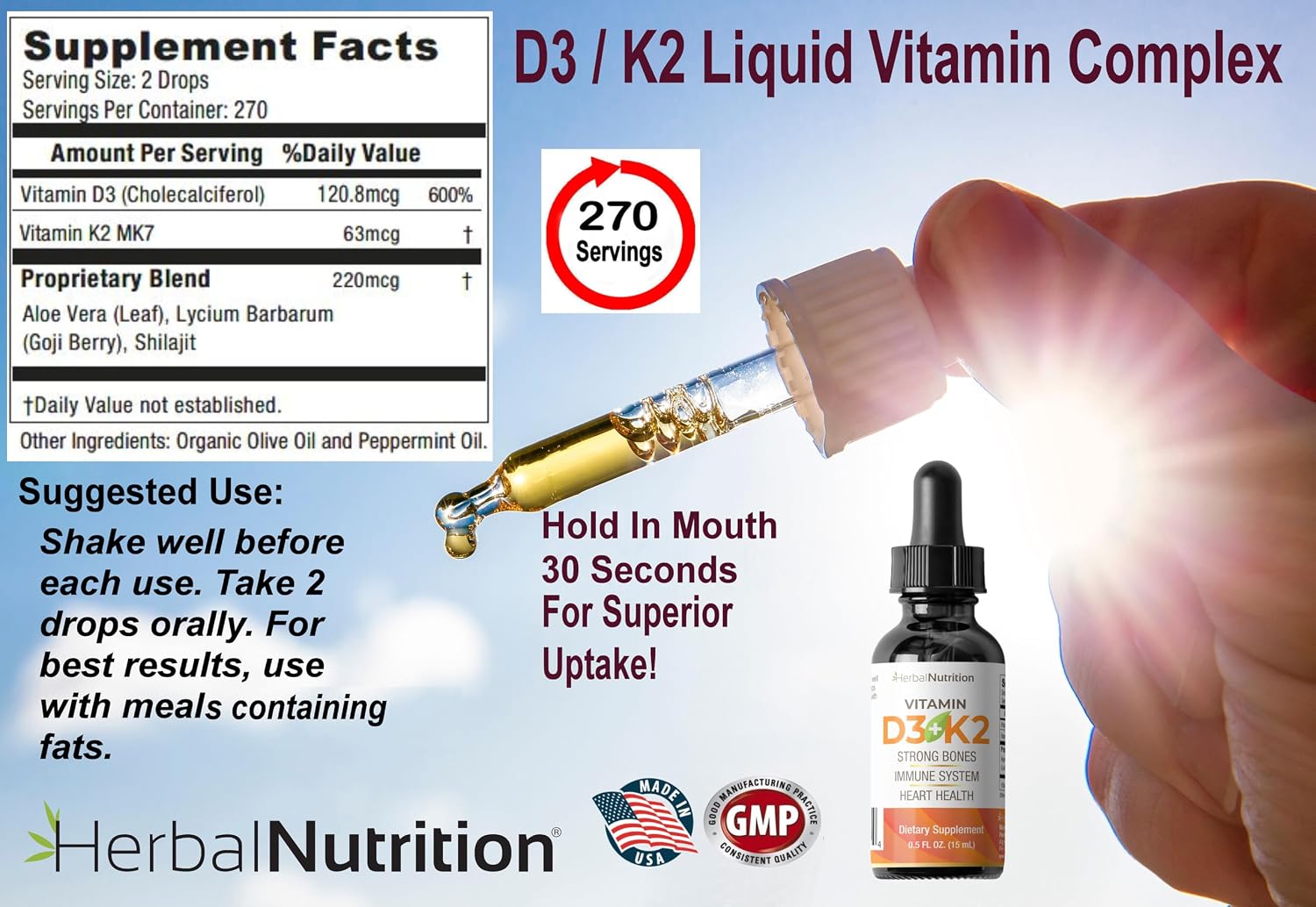 Herbal Nutrition Vitamin D3 + K2 Liquid Drops, 5000 IU D3 with K2 MK-7, 270 Servings - görsel 3