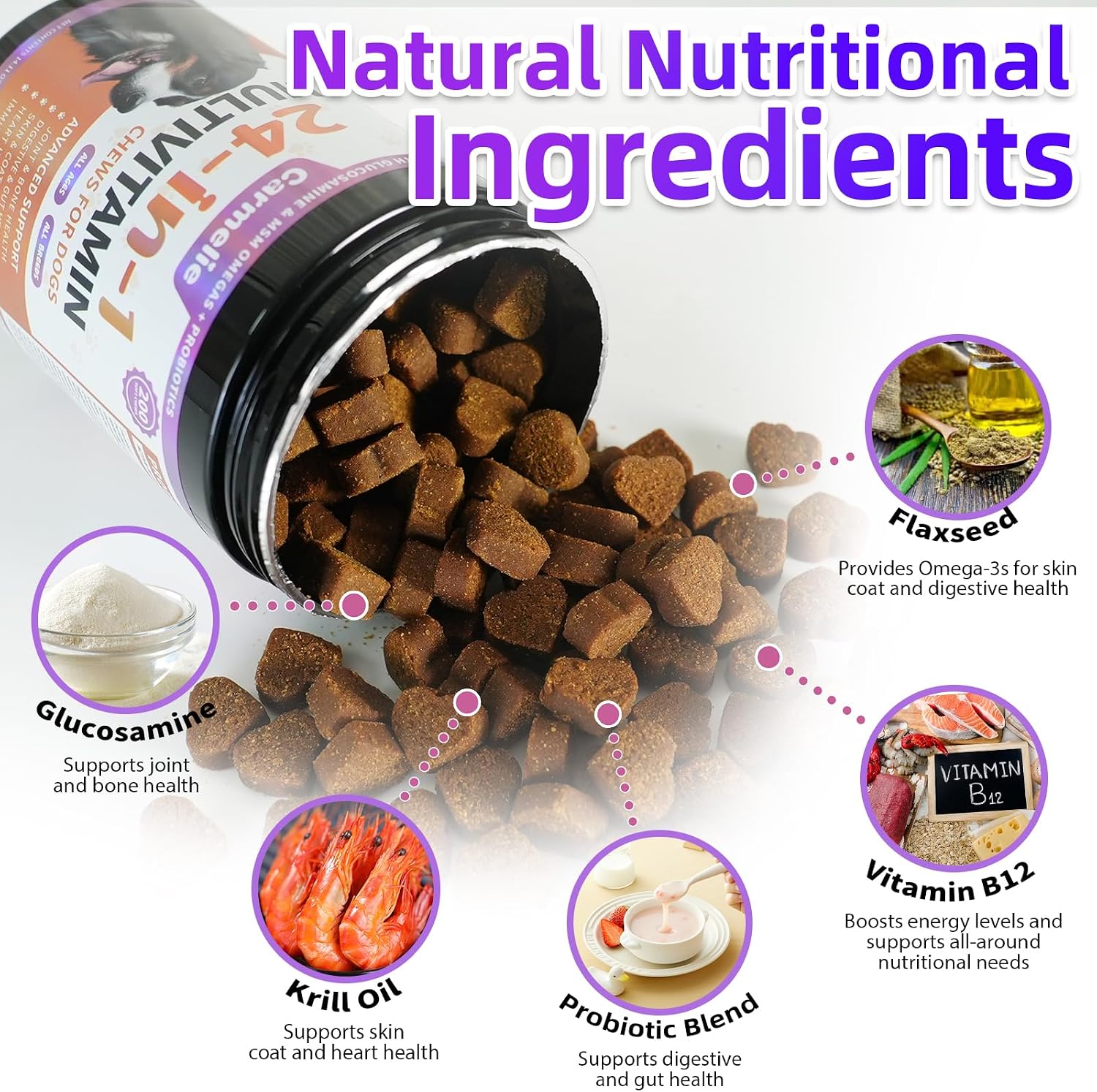 Dog Vitamins, 24 in 1 Dog Vitamins and Supplements, 200 Chews with Glucosamine Probiotics Omega-3 Puppy Multivitamins Chewable for Hip and Joint, Skin and Coat, Immune Health, Digestive Health (Chicken) - görsel 3