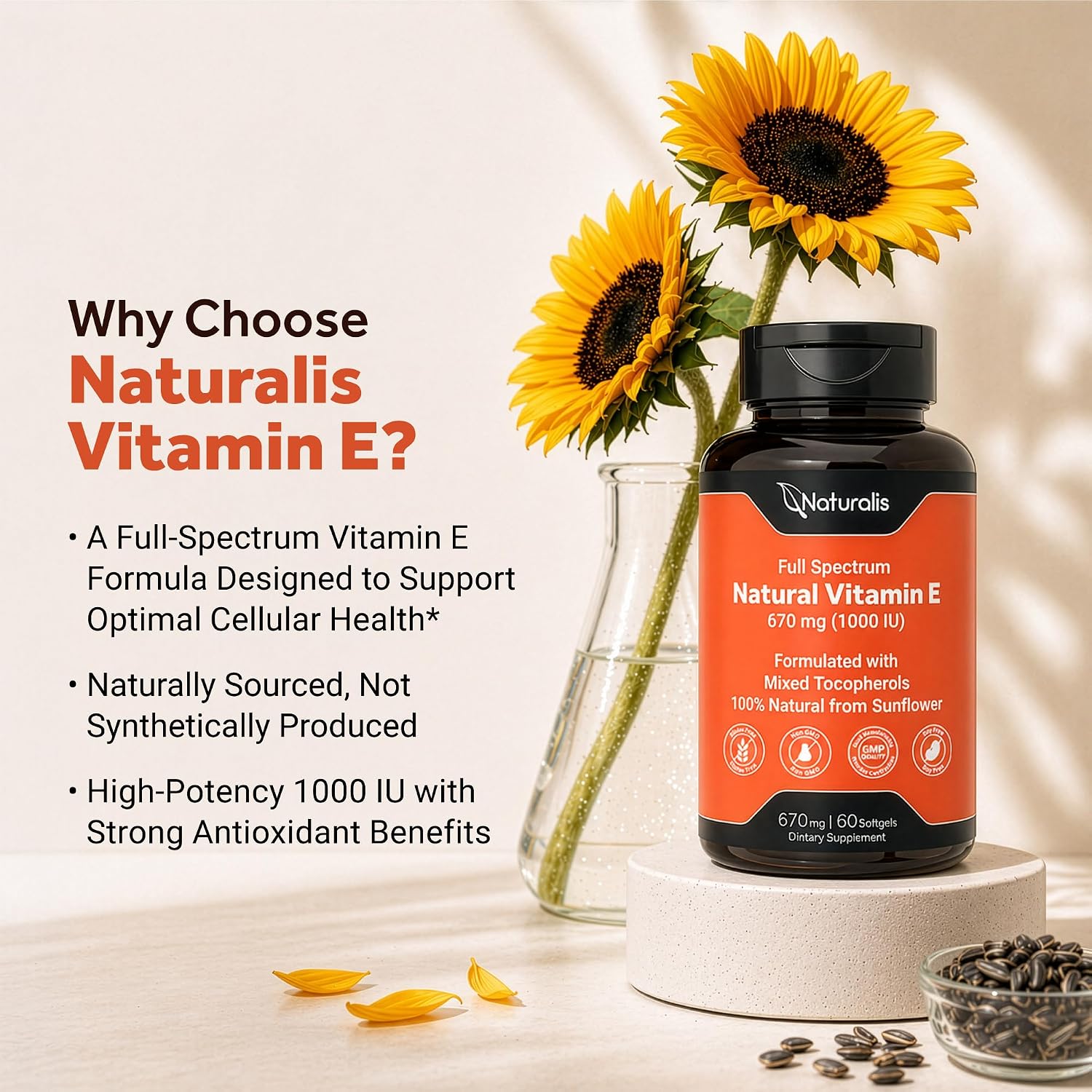 Naturalis Sunflower Vitamin E 670mg (1000 IU) with Mixed Tocopherols | Essential Skin Vitamin & Immune Support | Non-GMO, Soya & Gluten-free | 60 Softgels - görsel 4