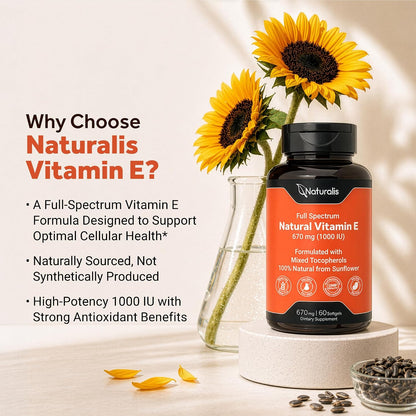 Naturalis Sunflower Vitamin E 670mg (1000 IU) with Mixed Tocopherols | Essential Skin Vitamin & Immune Support | Non-GMO, Soya & Gluten-free | 60 Softgels