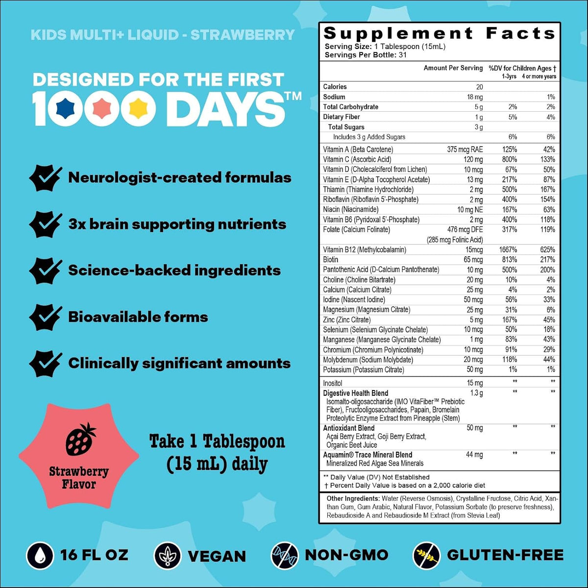 Mama Bird - Award-Winning Children's Multi+ Liquid Vitamins (31 Servings) Strawberry - Active Methylated Vitamins, Children's Multivitamin - Organic Superfoods, Enzymes - Vegan, Gluten-free, Non GMO - 465 ml - görsel 4