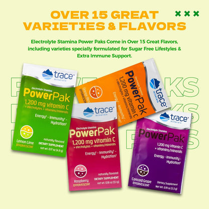 Trace Minerals Power Pak Electrolyte Powder Packets - 1200 mg Vitamin C, Zinc, Magnesium - Lemon & Lime - 60 Packets