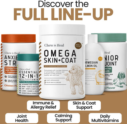 Omega-3 Fish Oil for Dogs, 180 Soft Chews - Salmon Oil Skin & Coat Supplement, Dog Allergy & Itch Relief, Hot Spots, Anti-Shedding - EPA & DHA Fatty Acids - Peanut Butter Flavour - Made in the USA - Chew + Heal