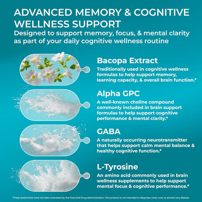 PUREHEALTH RESEARCH Ageless Brain - Nootropic Brain Supplement for Memory and Concentration, 180 Capsules