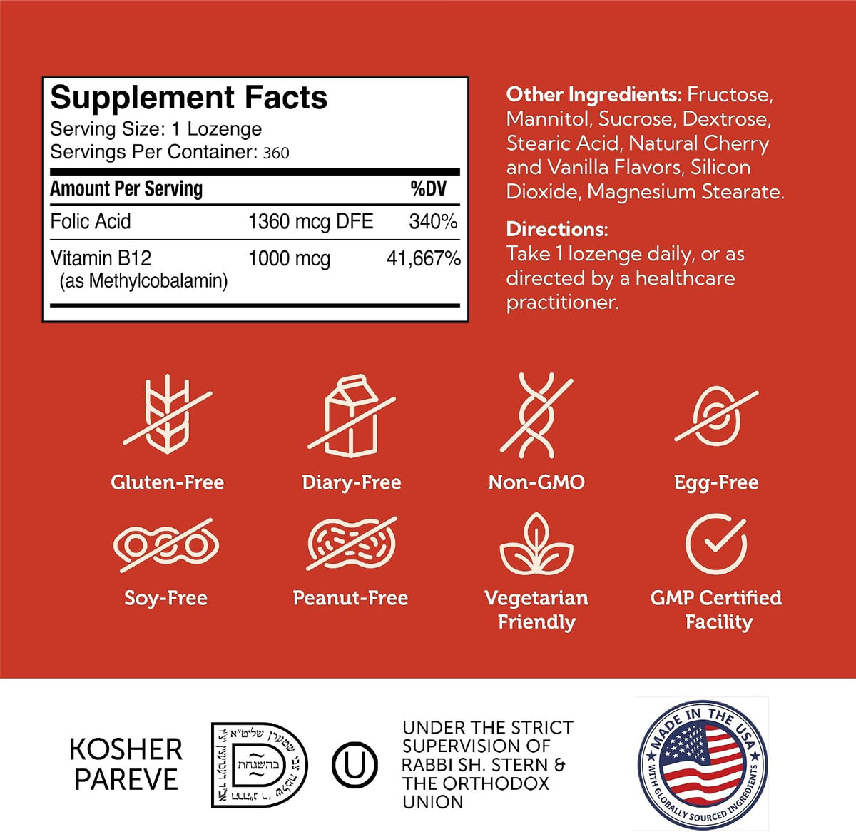 Zahler Energizer - Folate and B12 Supplement - Fast Dissolving Cherry Flavour Lozenges - Dual Vitamin Methylated B12 & Folate Supplement with 1360 mcg Folate (360 Lozenges) - görsel 6
