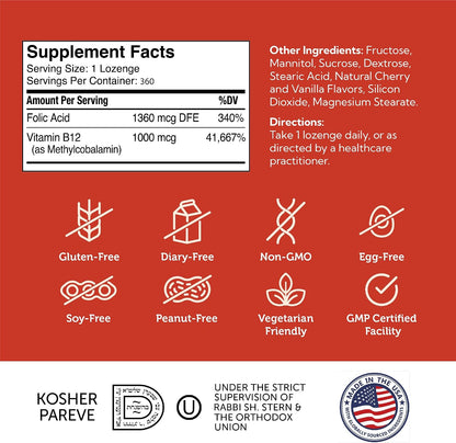 Zahler Energizer - Folate and B12 Supplement - Fast Dissolving Cherry Flavour Lozenges - Dual Vitamin Methylated B12 & Folate Supplement with 1360 mcg Folate (360 Lozenges)