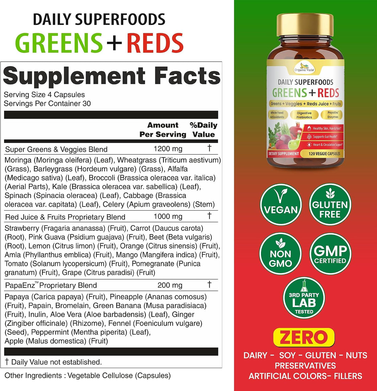 Organic Veda Mixed Greens & Reds Superfood Supplement - 120 Capsules - görsel 2