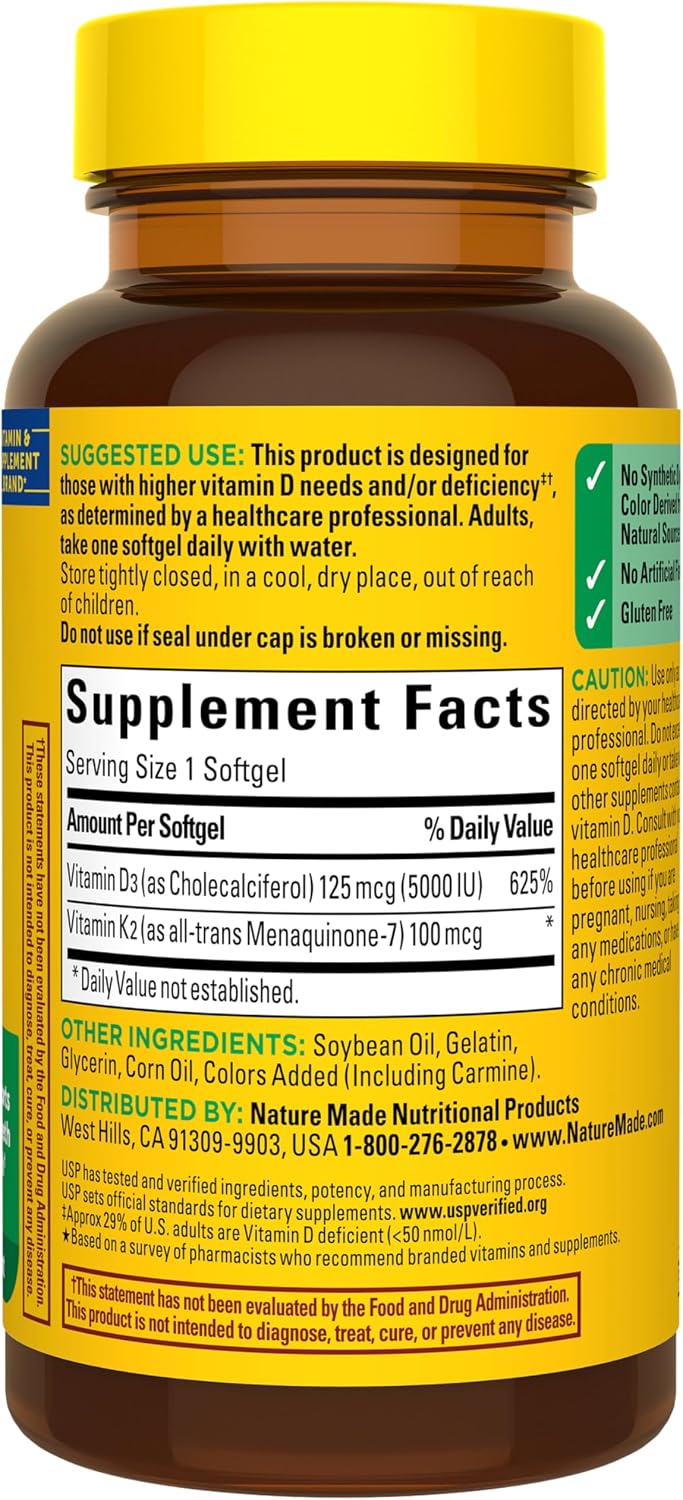 Nature Made Vitamin D3 & K2 Supplement, 5000 IU (125 mcg) Vitamin D for Bone, Muscle and Immune Support, 30 Softgels - görsel 8