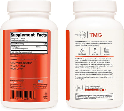 Type Zero Clean TMG Trimethylglycine Capsules (120 Capsules) - Non-GM, Gluten-free