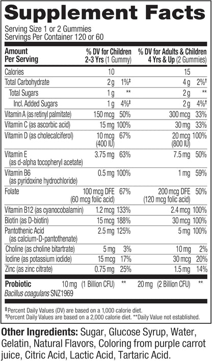 OLLY Kids Multivitamin & Probiotic Gummies - Digestive Support with Vitamins A, C, D, E, B, Zinc - Berry Flavour, 120 Count