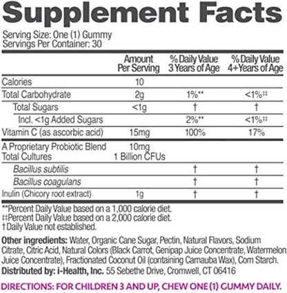 up4 Kids Probiotic Gummies, Digestive and Immune Support with Prebiotics and Vitamin C, Gelatine Free, Gluten-free and Non-GMO, For Ages 3+, 30 count