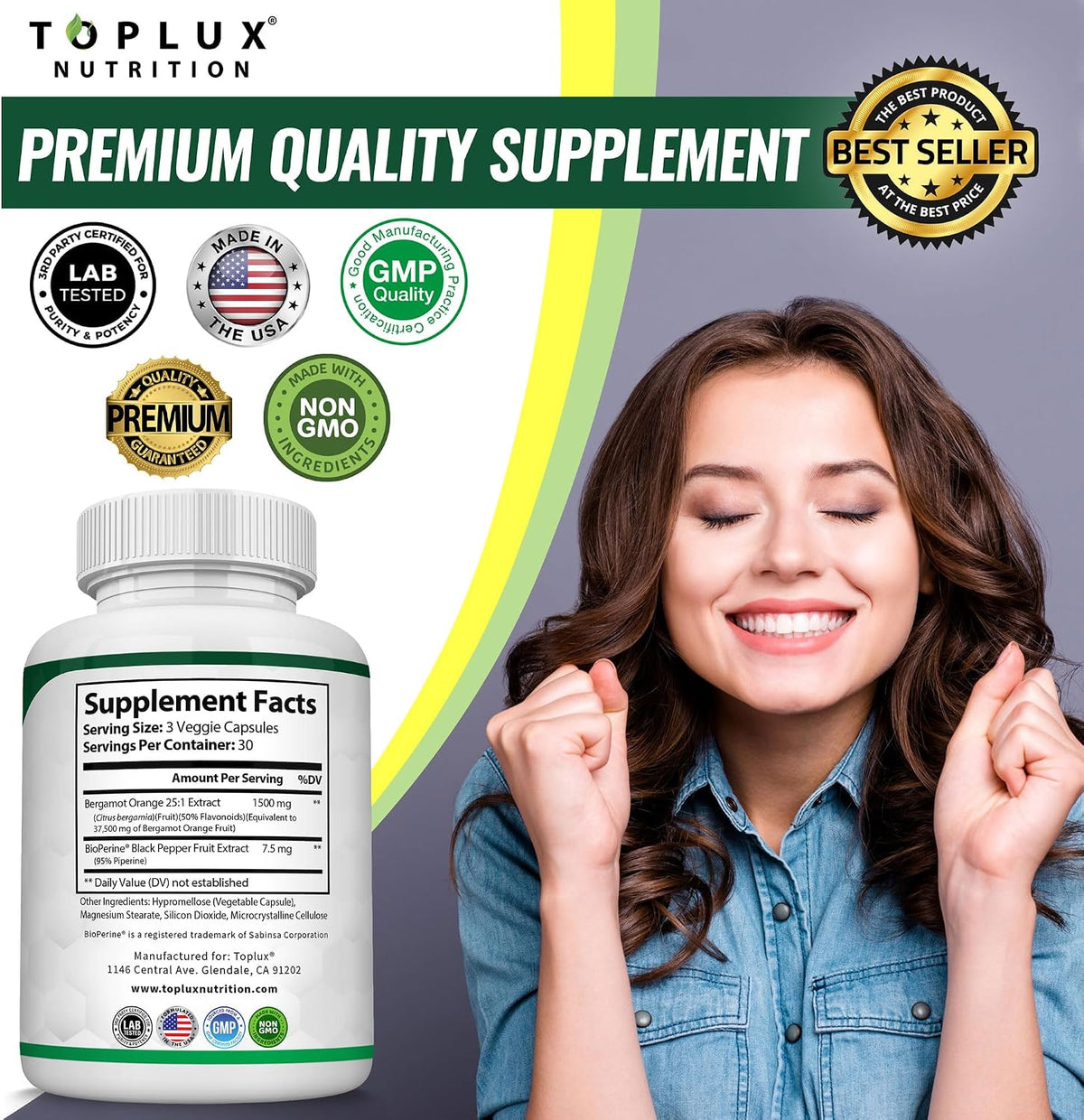 Toplux Citrus Bergamot Supplement 1500mg – High Potency 25:1 Extract with Black Pepper for Enhanced Absorption, Vegan, Non-GMO, 90 Capsules - görsel 7