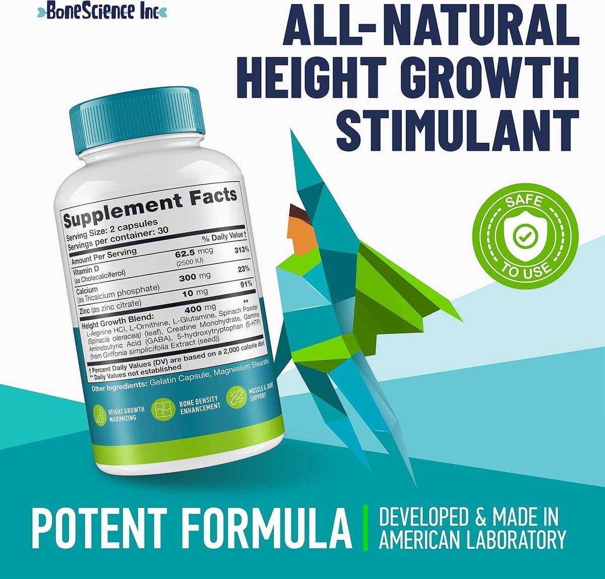 Height Growth Maximiser - Growth Optimisation Supplement for Teens & Young Adults – Bone & Development Support with Calcium, Vitamin D3, Zinc & Amino Acids – 60 Count - görsel 2