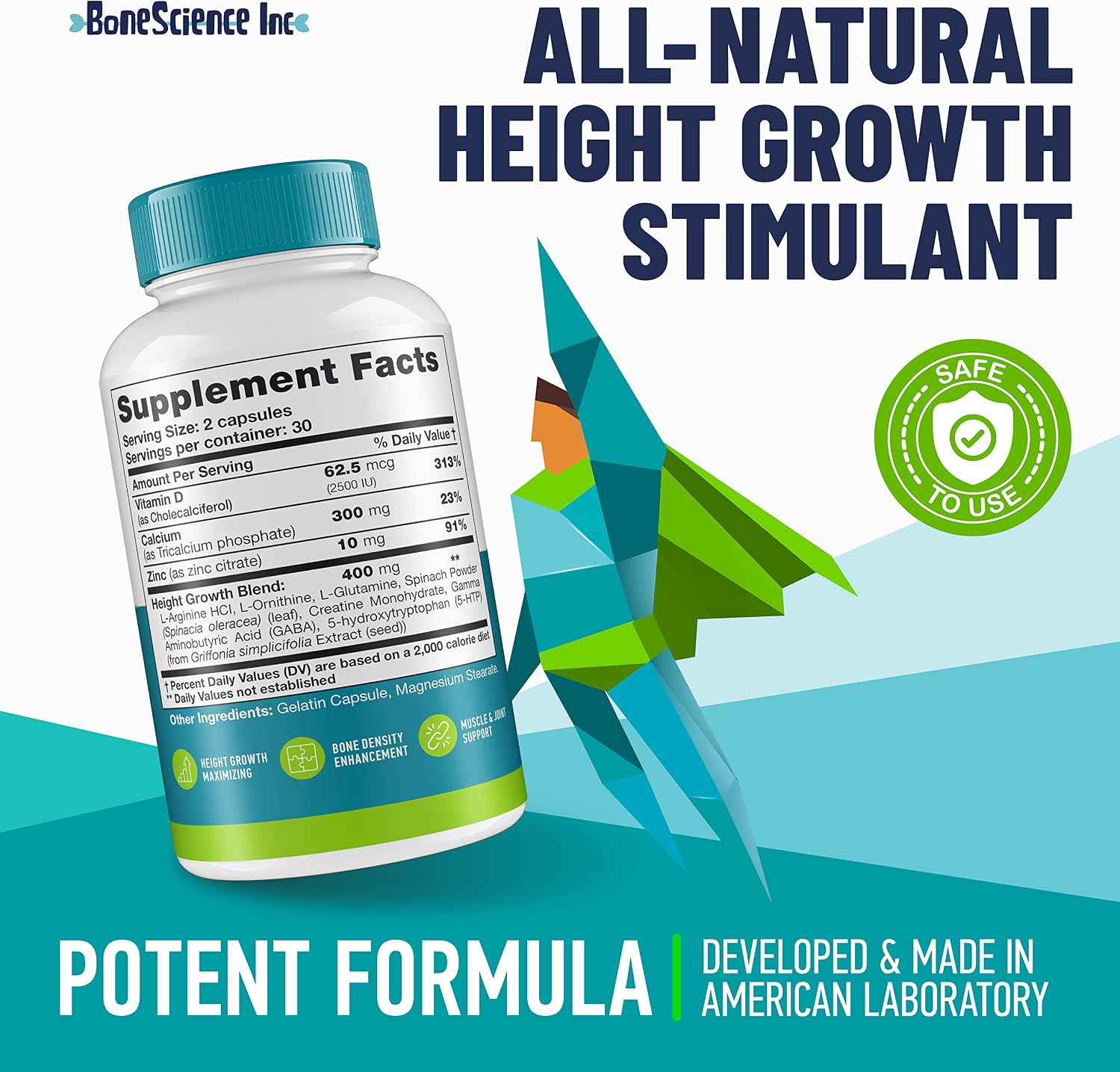 Height Growth Maximiser - Growth Optimisation Supplement for Teens & Young Adults – Bone & Development Support with Calcium, Vitamin D3, Zinc & Amino Acids – 60 Count - görsel 2